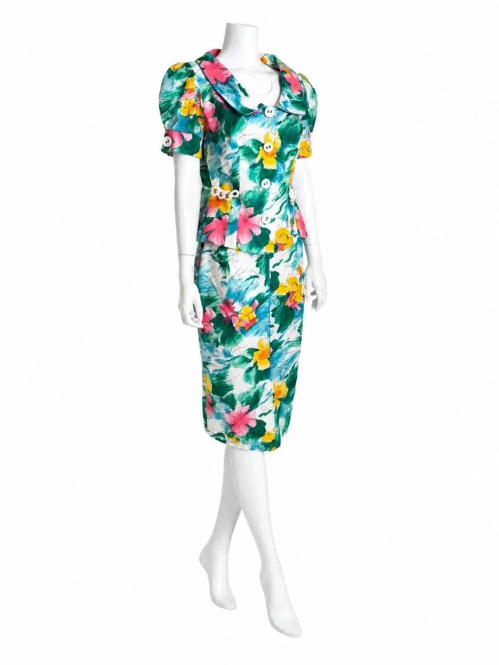 Vintage Equateur Paris Floral 2pc Skirt Suit French Puff Sleeve Set NOS Sz 42